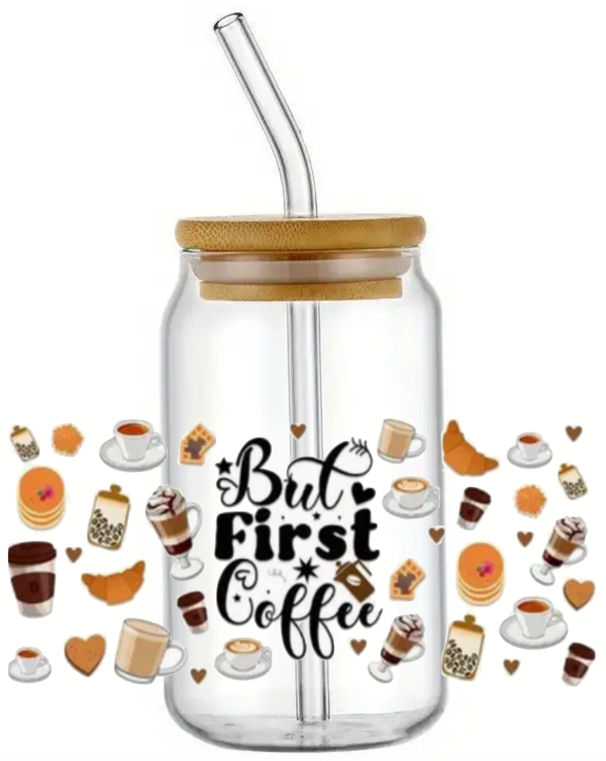 FIRST IT'S COFFEE GLASS JAR TUMBLER CUP WITH LID, STRAW AND BRUSH