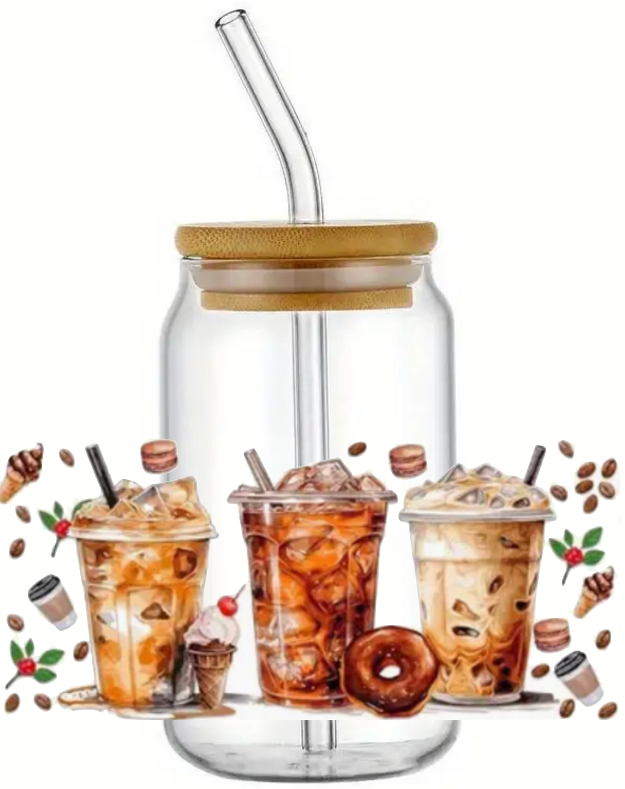 COFFEE DONUTS & ICE CREAM GLASS JAR TUMBLER CUP WITH LID, STRAW AND BRUSH