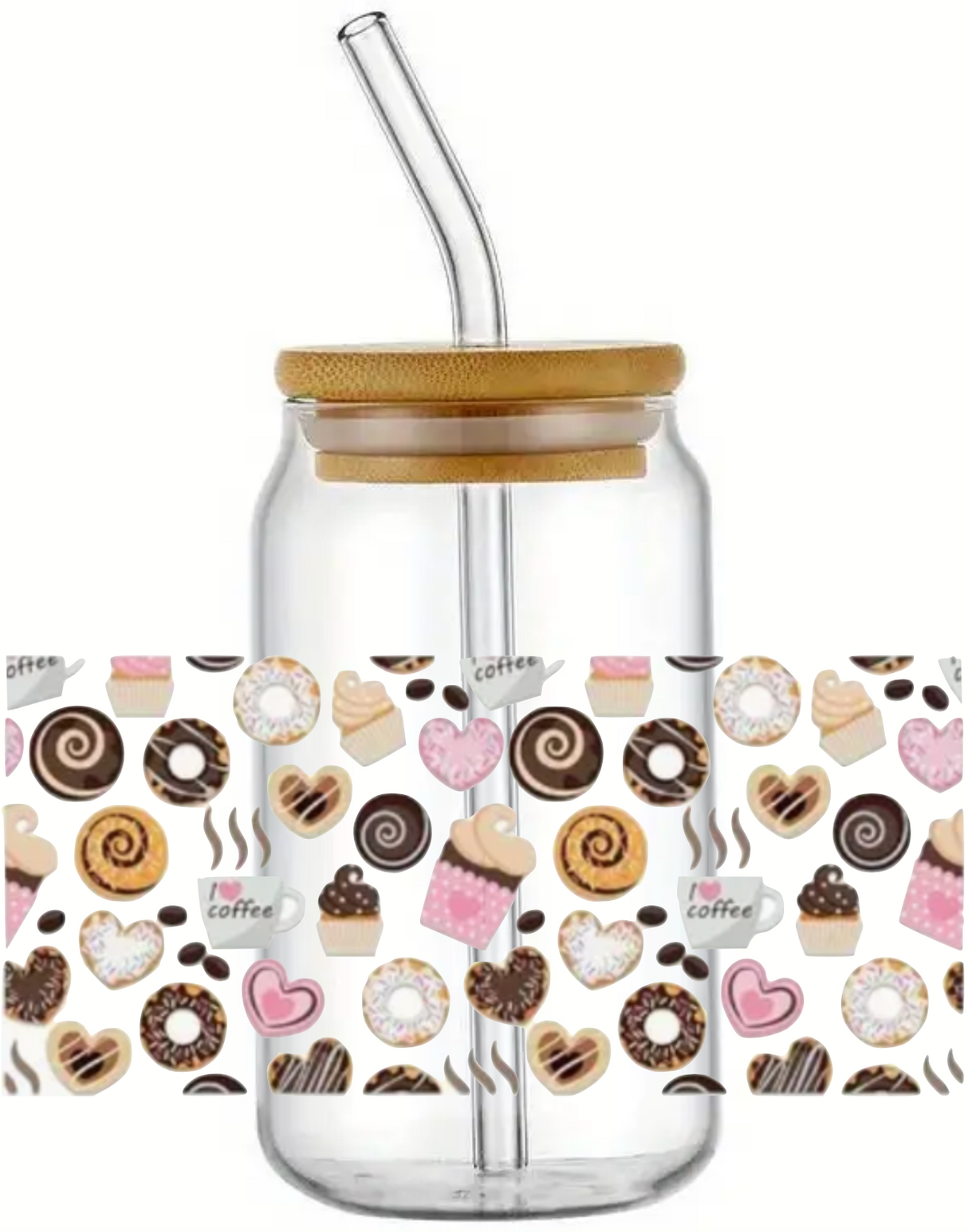 COFFEE DONUTS & CUPCAKES GLASS JAR TUMBLER CUP WITH LID, STRAW AND BRUSH