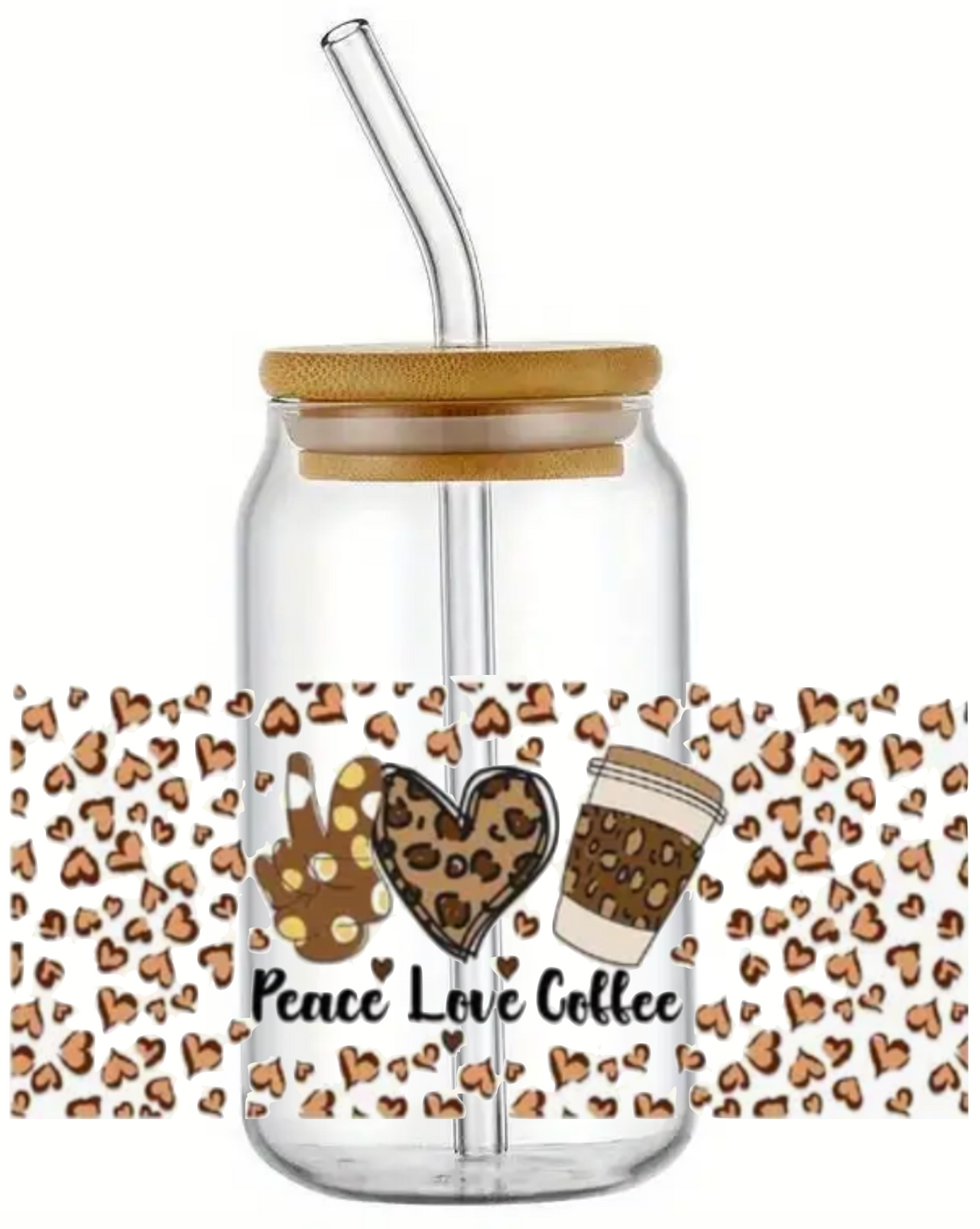 COFFEE PEACE LOVE GLASS JAR TUMBLER CUP WITH LID, STRAW AND BRUSH