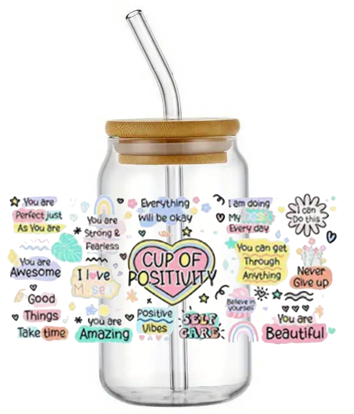 CUP OF POSITIVITY REMINDERS GLASS JAR TUMBLER CUP WITH LID, STRAW AND BRUSH