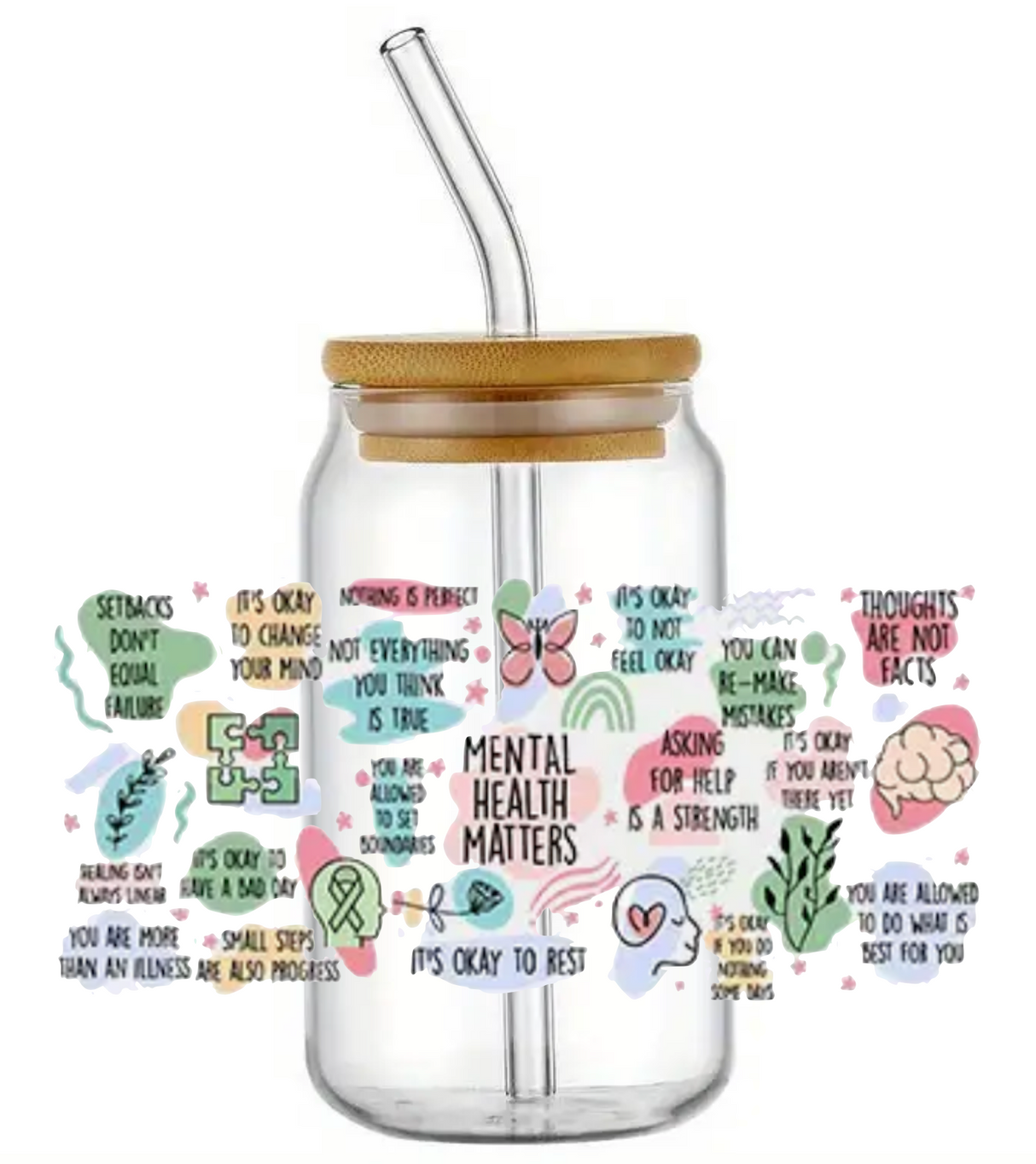 MENTAL HEALTH MATTERS GLASS JAR TUMBLER CUP WITH LID, STRAW AND BRUSH