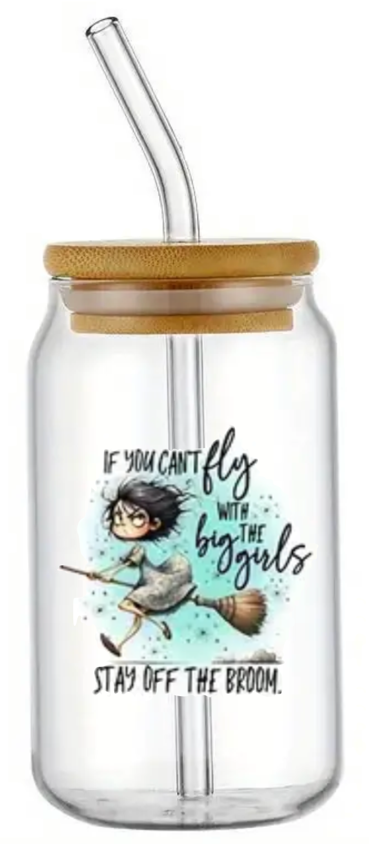 STAY OFF THE BROOM GLASS JAR TUMBLER CUP WITH LID, STRAW AND BRUSH