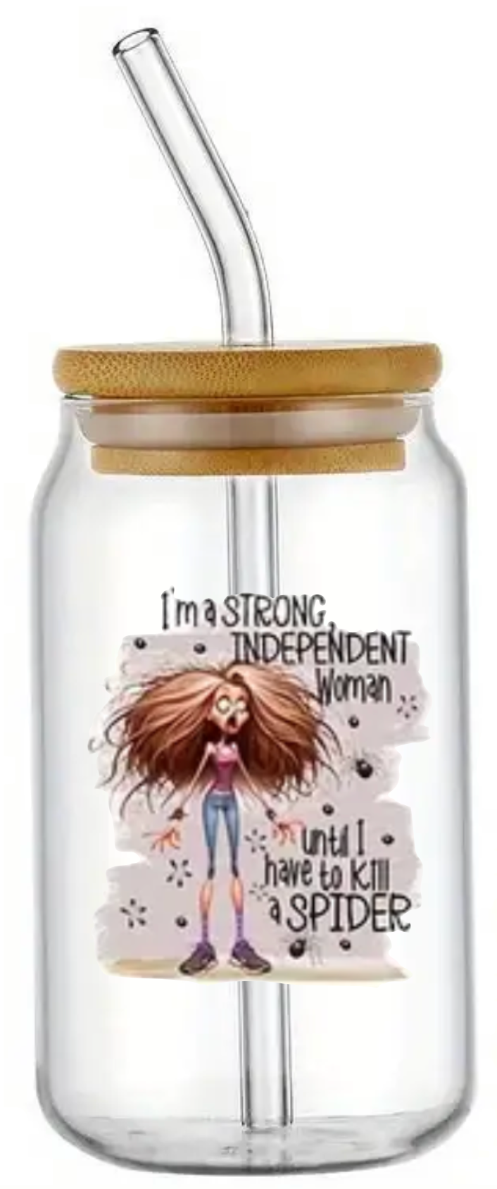 INDEPENDENT WOMAN SPIDER GLASS JAR TUMBLER CUP WITH LID, STRAW AND BRUSH