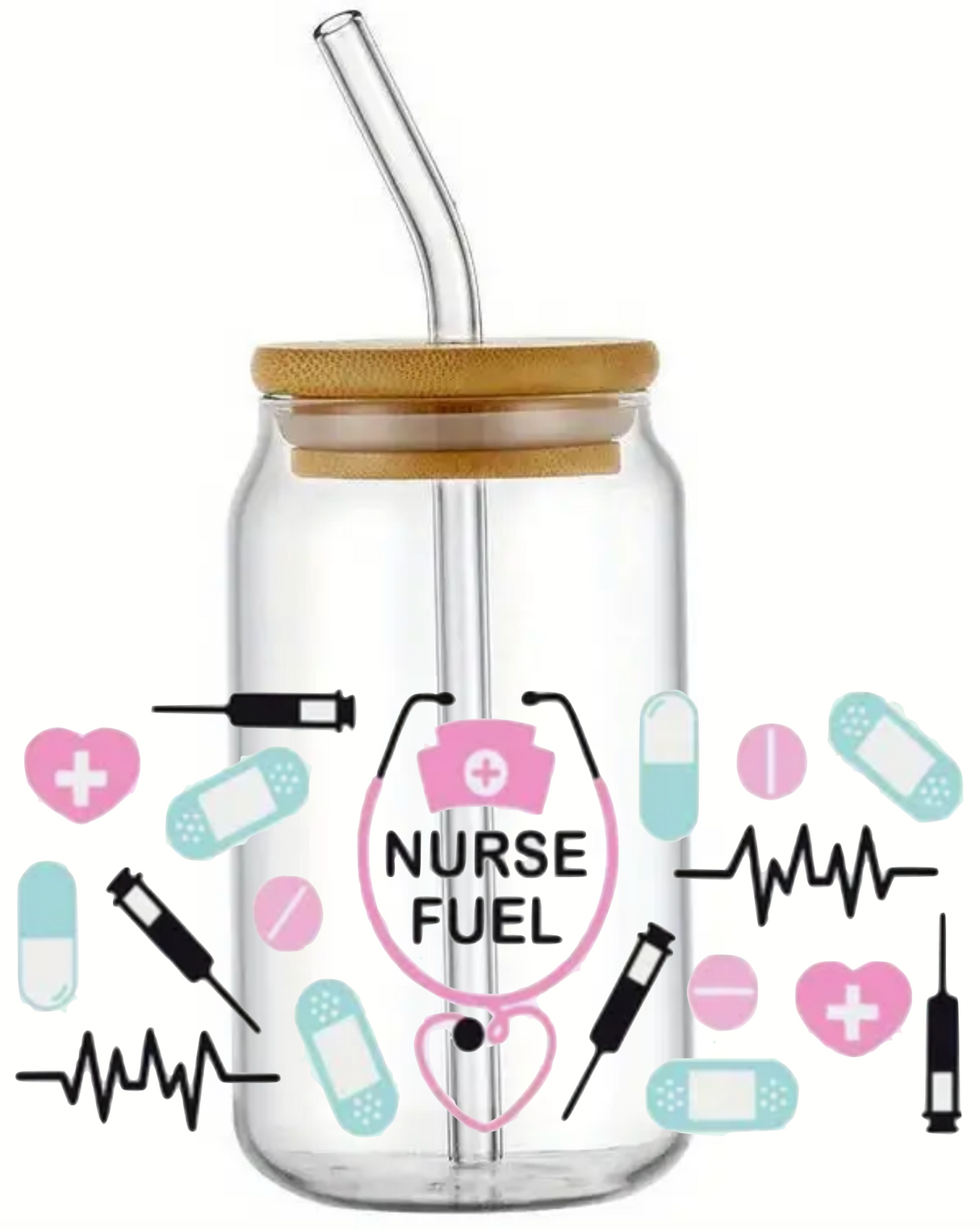 NURSE FUEL GLASS JAR TUMBLER CUP WITH LID, STRAW AND BRUSH