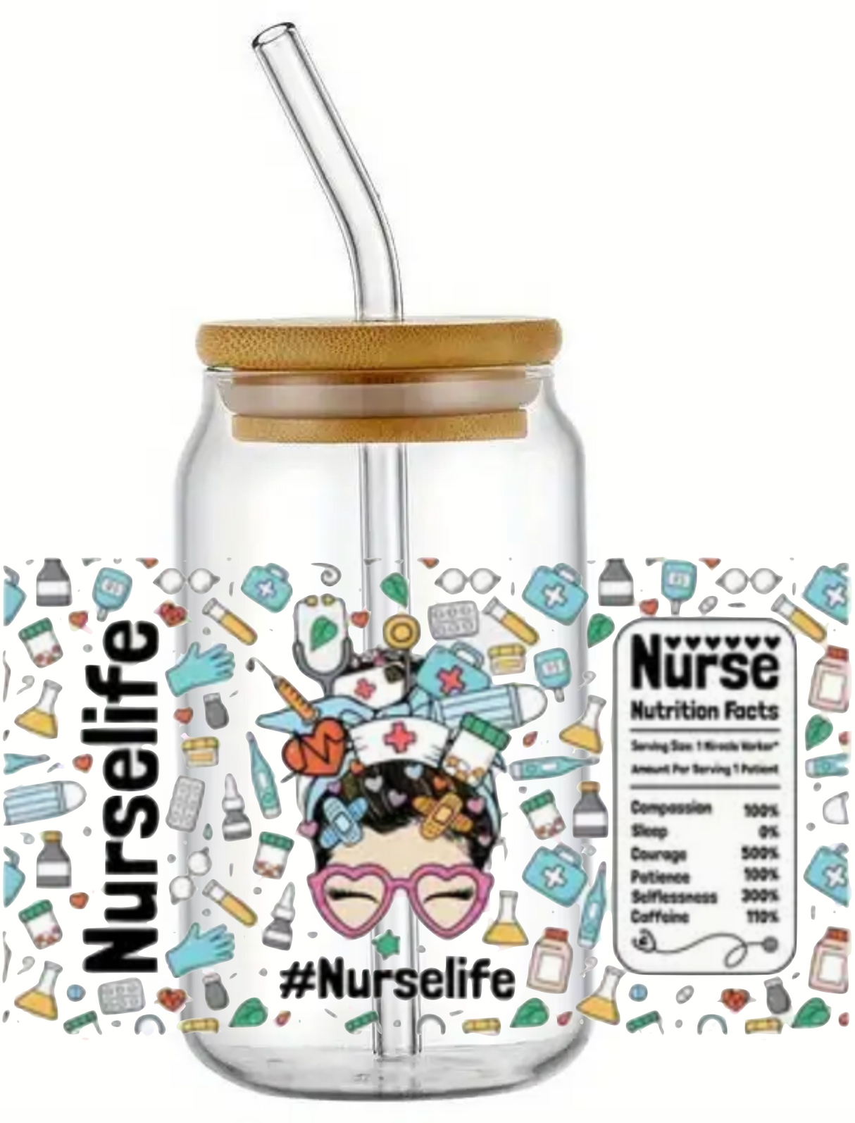 NURSE LIFE MEDICAL GIFT GLASS JAR TUMBLER CUP WITH LID, STRAW AND BRUSH