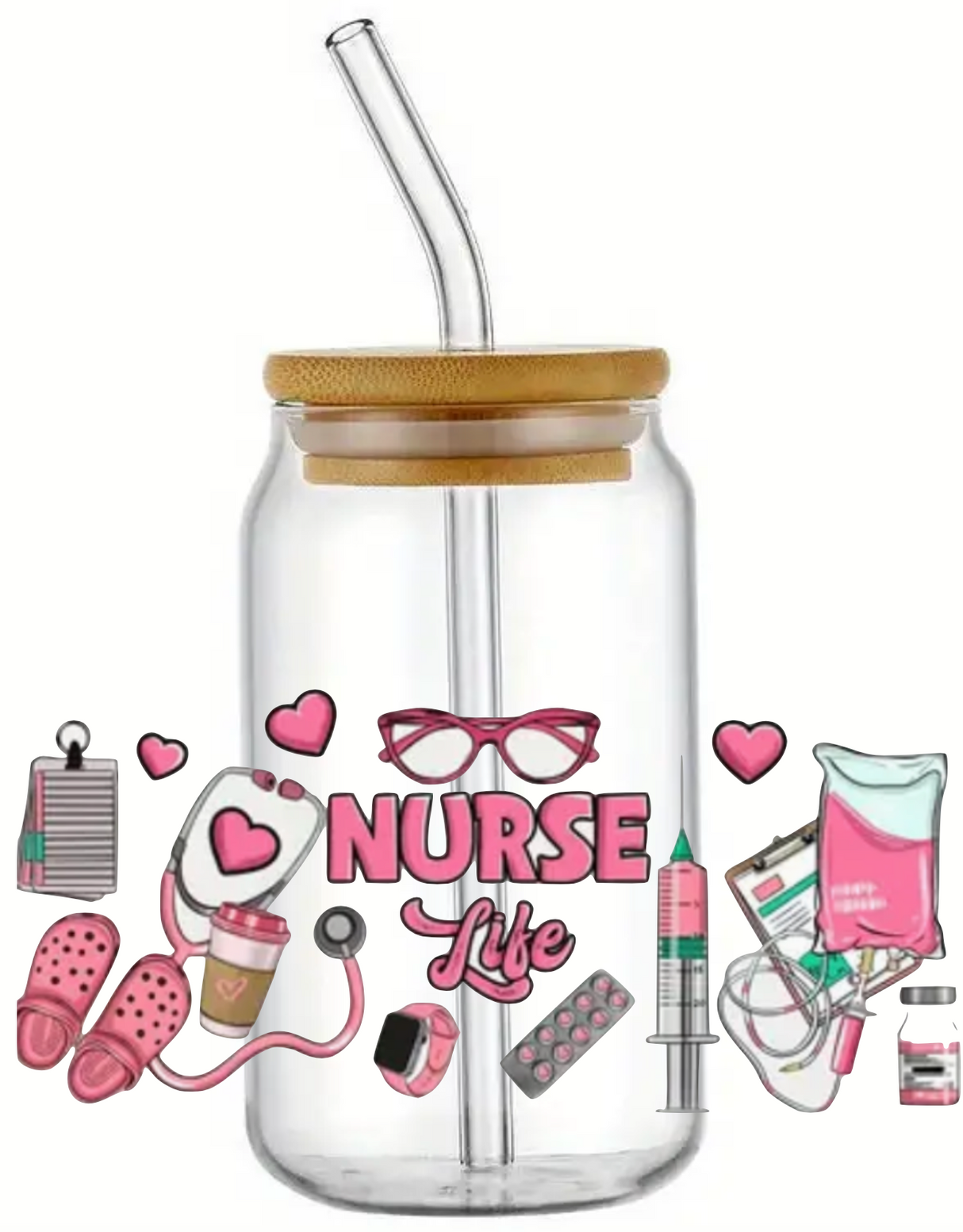NURSE LIFE MEDICAL GIFT GLASS JAR TUMBLER CUP WITH LID, STRAW AND BRUSH