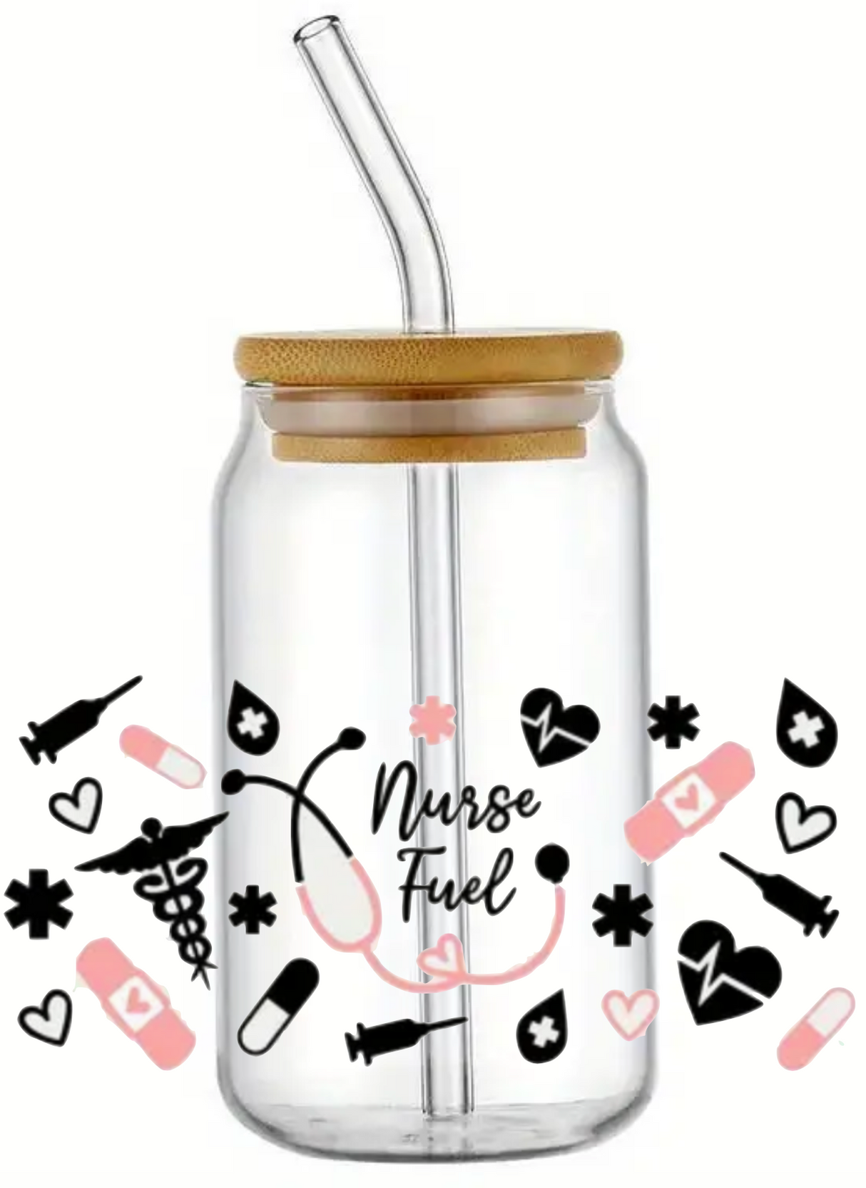 NURSE FUEL MEDICAL GIFT GLASS JAR TUMBLER CUP WITH LID, STRAW AND BRUSH