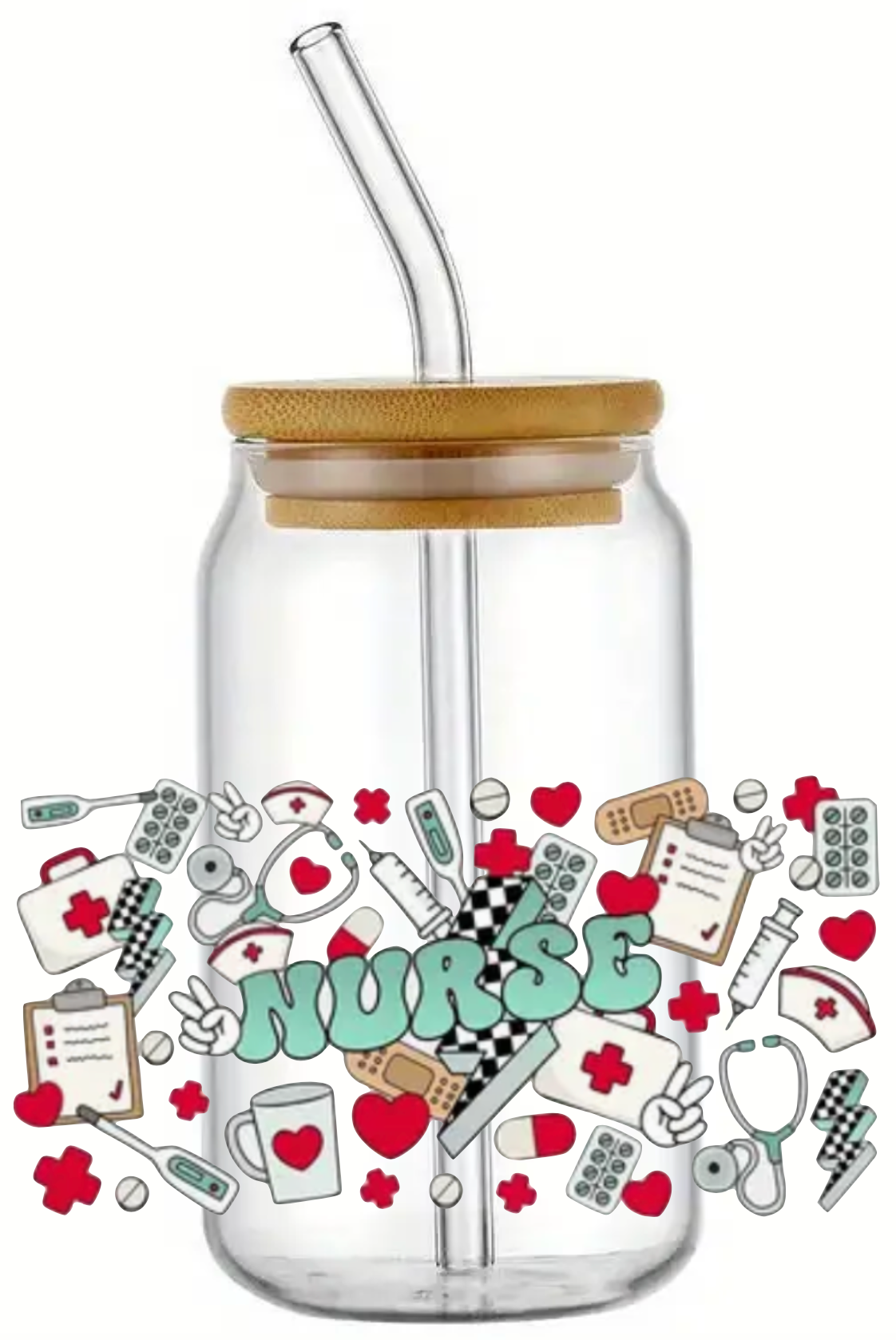 NURSE NURSES HEART MEDICAL GIFT GLASS JAR TUMBLER CUP WITH LID, STRAW AND BRUSH