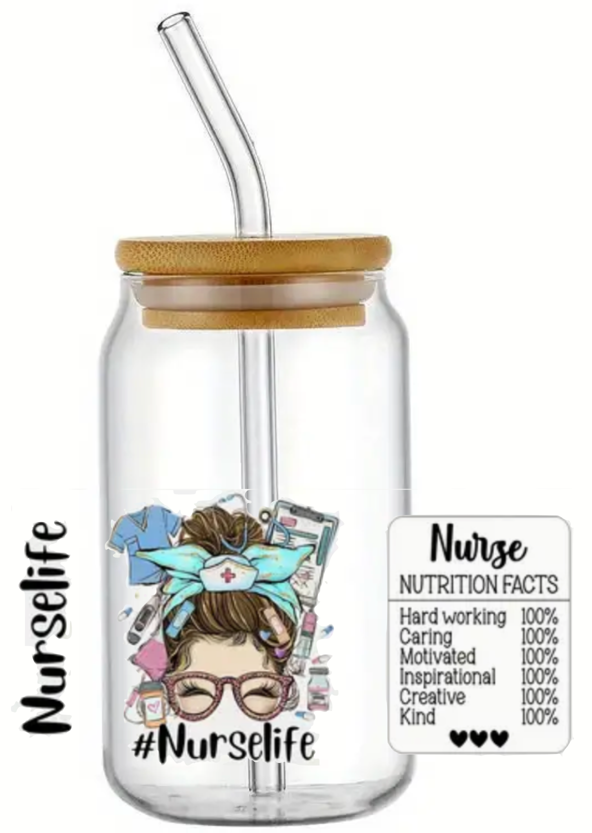 NURSE NURSES LIFE MEDICAL GIFT GLASS JAR TUMBLER CUP WITH LID, STRAW AND BRUSH