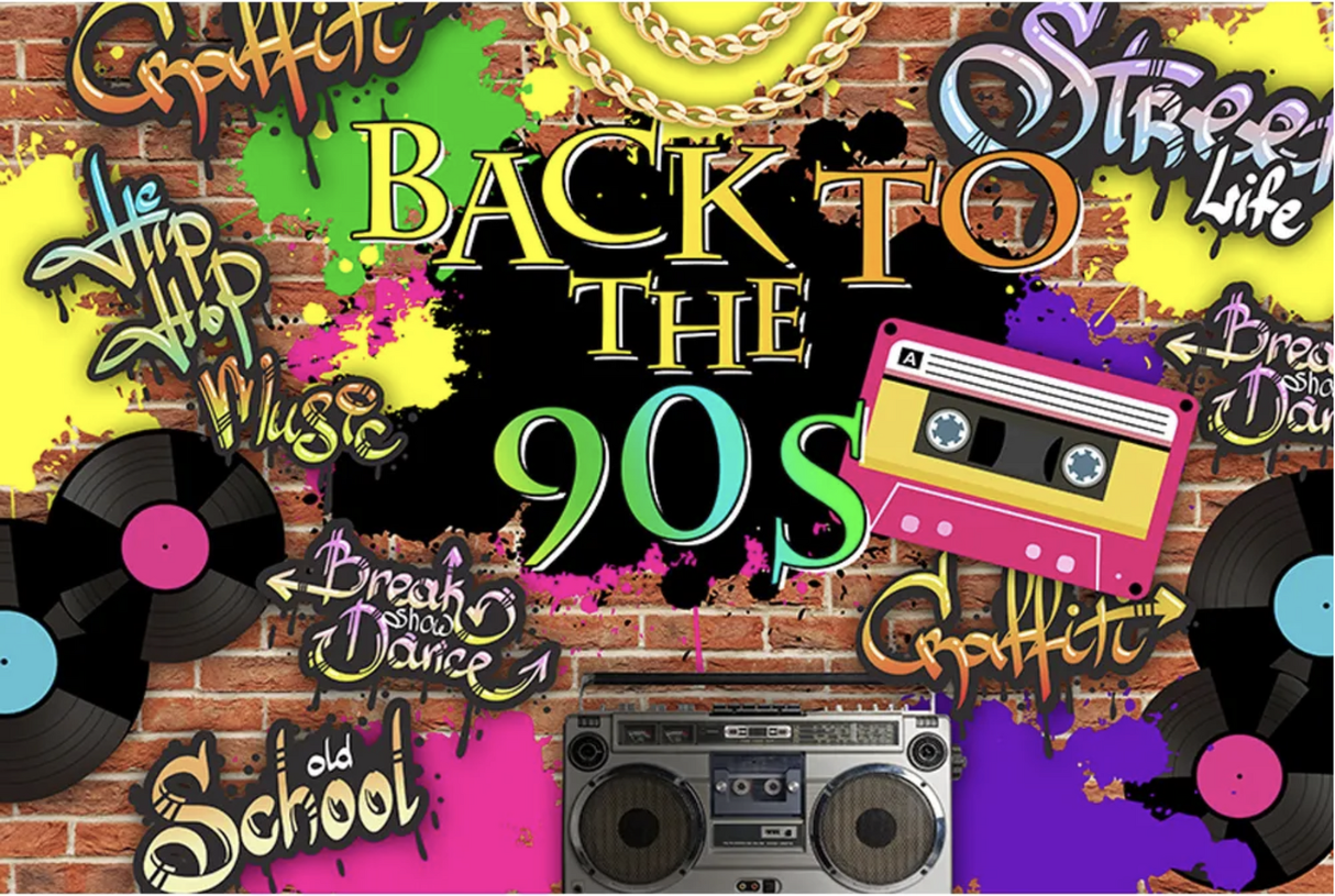 90'S THEME GRAFFITI TAPE DECK VINYL RADIO PERSONALISED BIRTHDAY PARTY SUPPLIES BANNER BACKDROP DECORATION