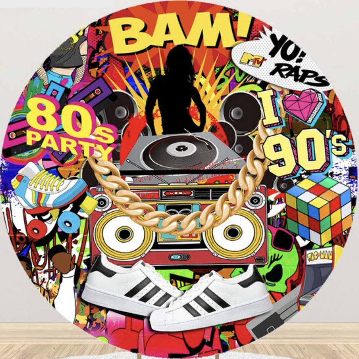 GRAFFITI 90S BANNER ROLLERBLADES DJ RAP ROUND BIRTHDAY PERSONALISED BACKDROP