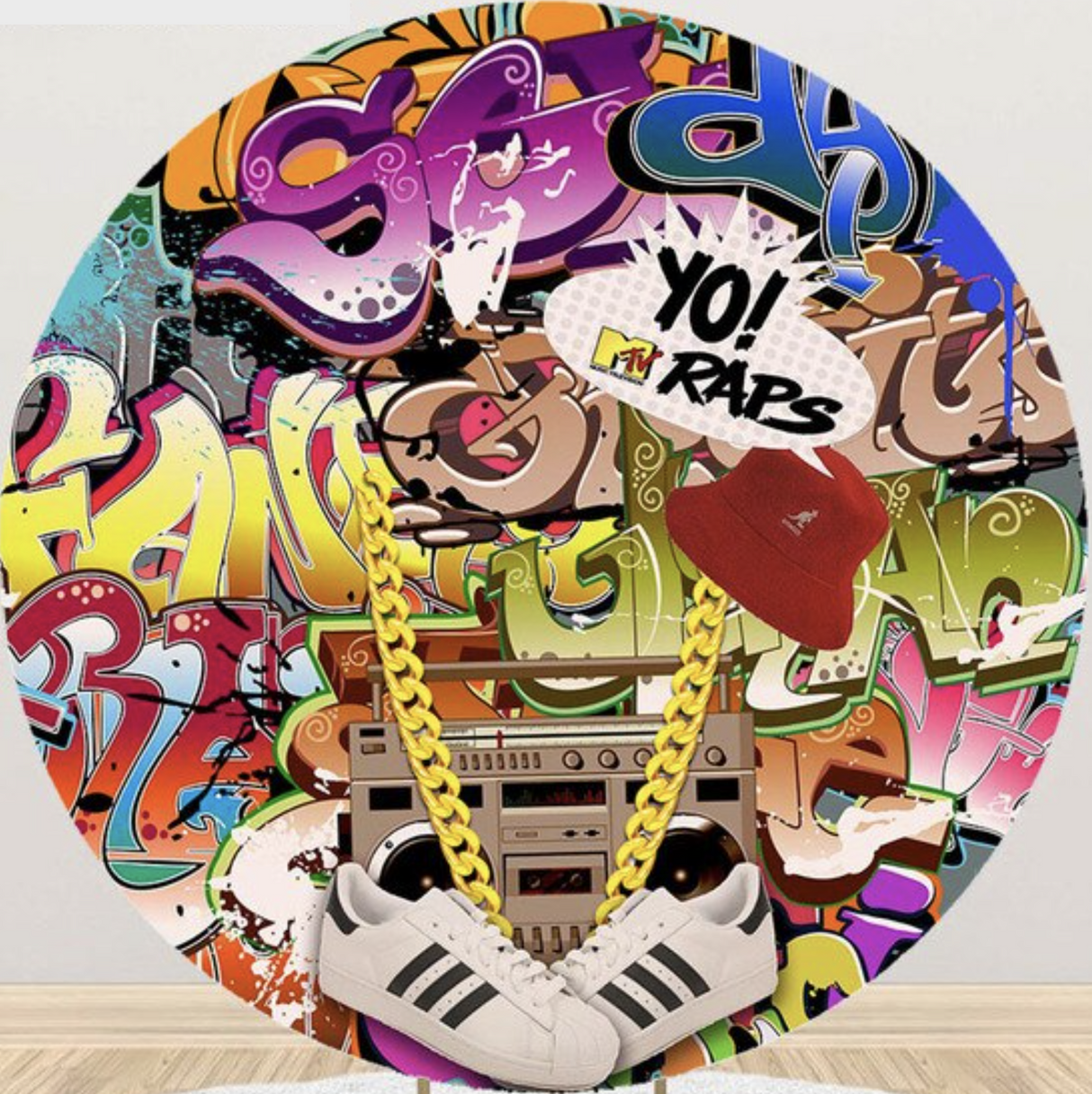 GRAFFITI 80S 90S BANNER RADIO DJ MUSIC MTV SNEAKERS ROUND BIRTHDAY BACKDROP