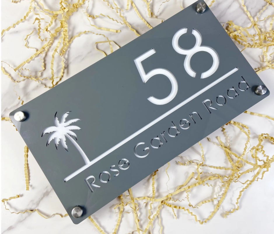 CUSTOM HOUSE SIGN NUMBER STREET SIGN PALM TREE ACRYLIC ADDRESS DOOR WALL PLAQUE