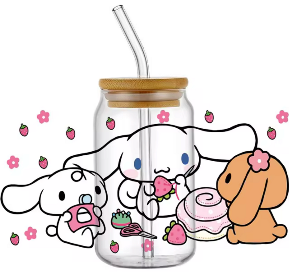 CINNAMOROLL MOCHA GLASS JAR TUMBLER CUP WITH LID, STRAW AND BRUSH