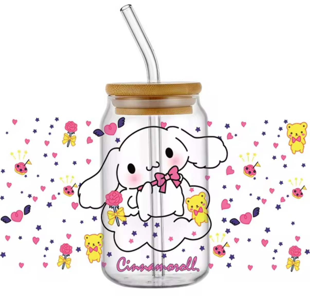 CINNAMOROLL TEDDY HEARTS GLASS JAR TUMBLER CUP WITH LID, STRAW AND BRUSH