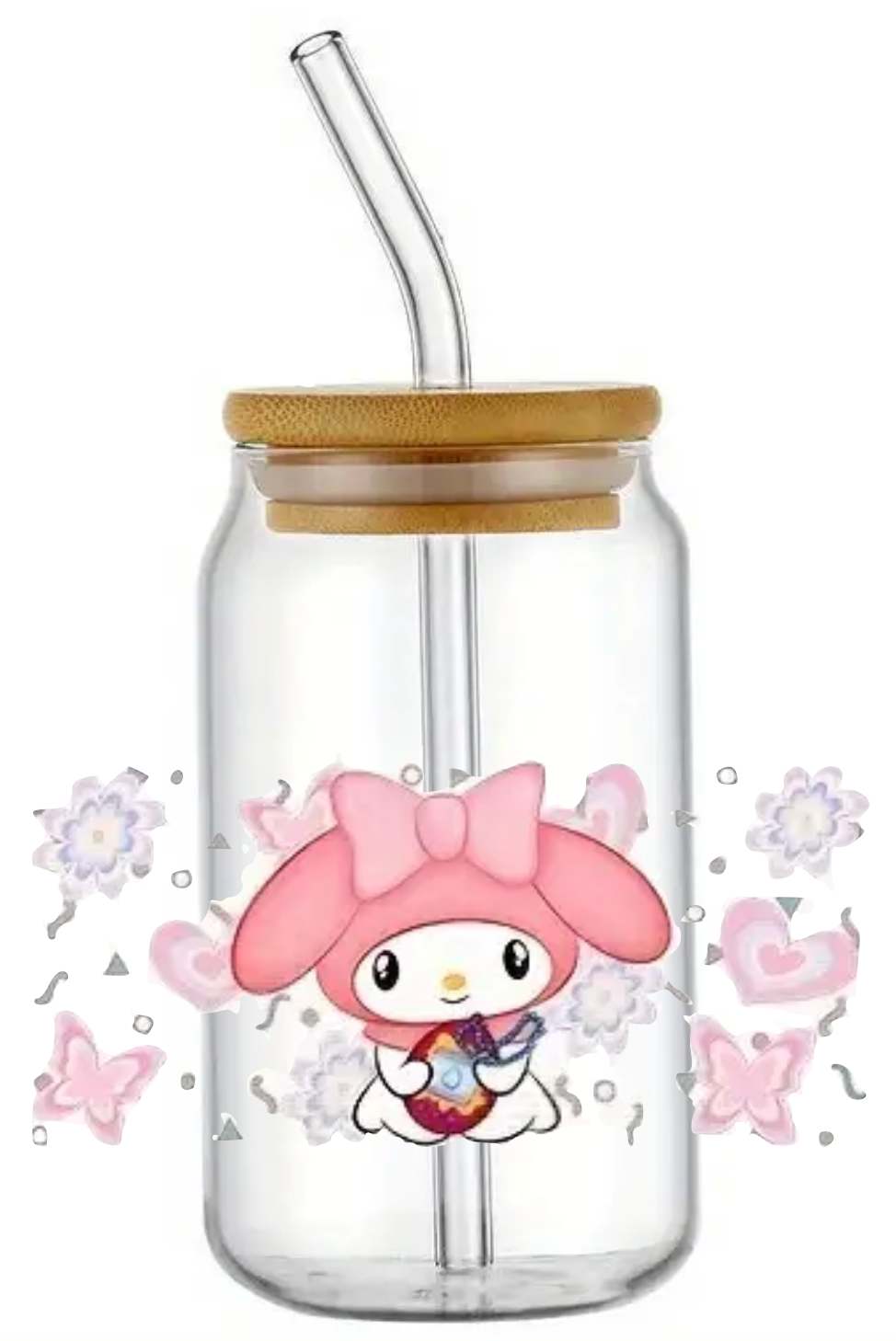 HELLO KITTY MY MELODY PINK GLASS JAR TUMBLER CUP WITH LID, STRAW AND BRUSH