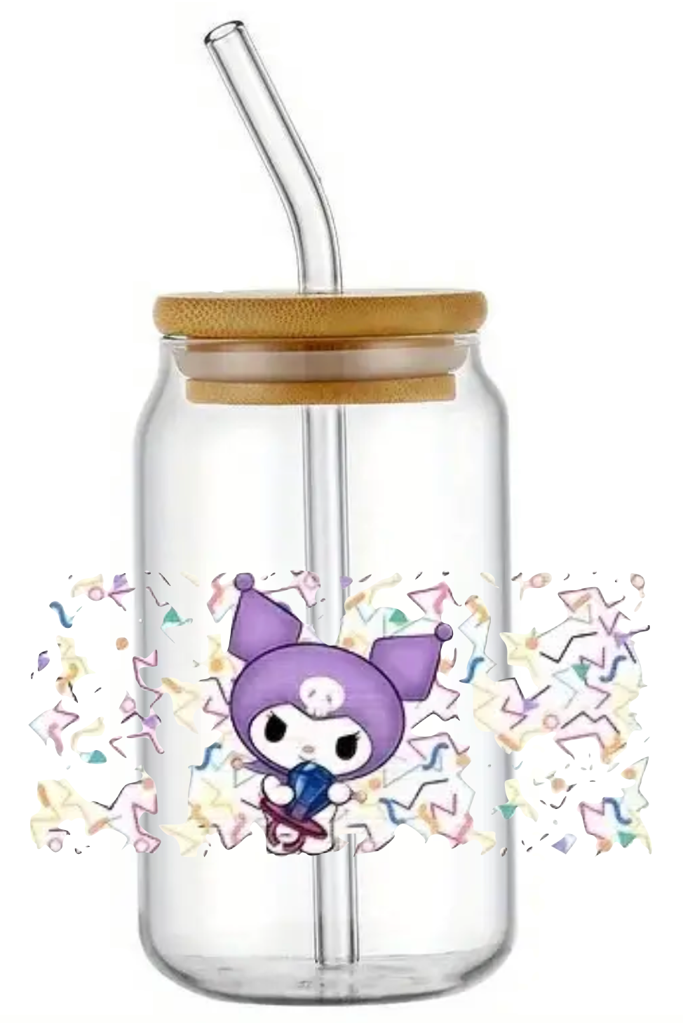 HELLO KITTY KUROMI GLASS JAR TUMBLER CUP WITH LID, STRAW AND BRUSH