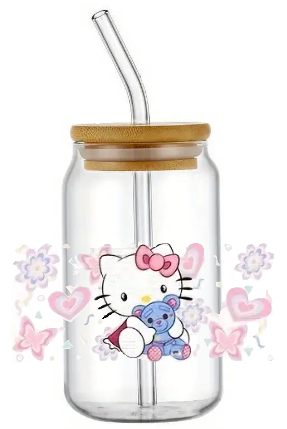HELLO KITTY CUTE TEDDY GLASS JAR TUMBLER CUP WITH LID, STRAW AND BRUSH