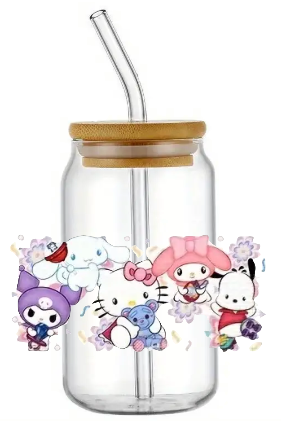 HELLO KITTY MY MELODY KUROMI GLASS JAR TUMBLER CUP WITH LID, STRAW AND BRUSH