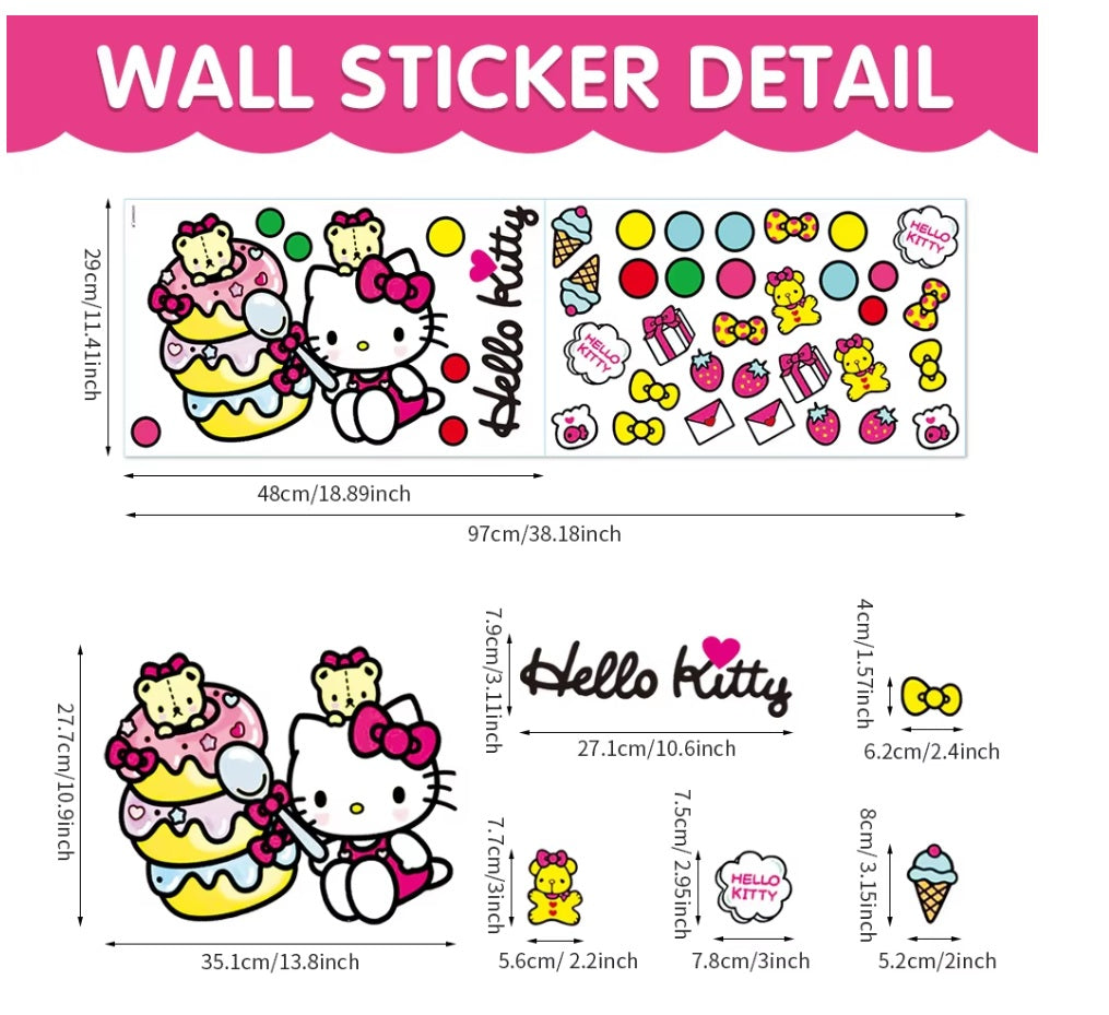 HELLO KITTY CAKE PARTY COLOURFUL WALL STICKER MURAL ART Decal
