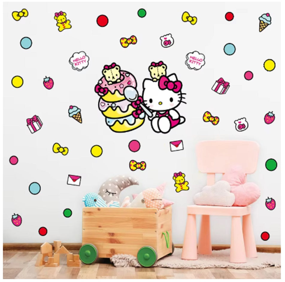 HELLO KITTY CAKE PARTY COLOURFUL WALL STICKER MURAL ART Decal
