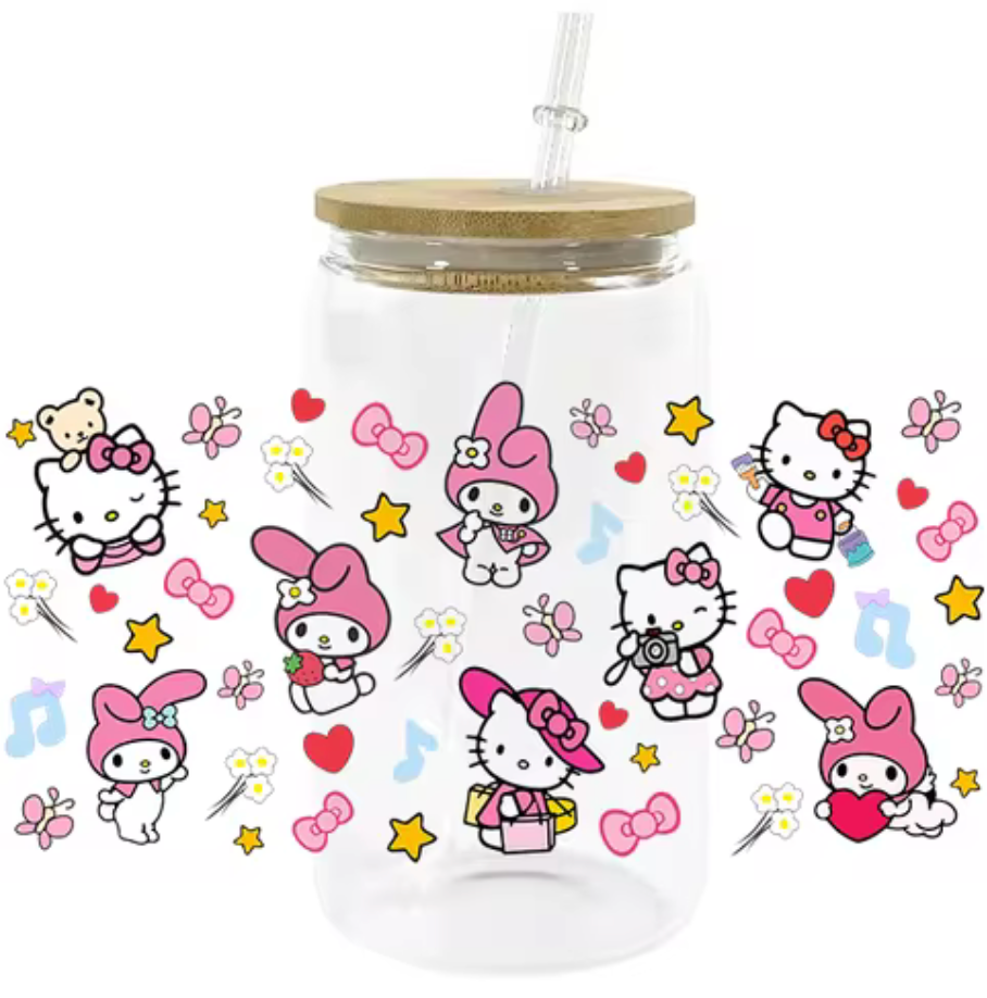 HELLO KITTY MY MELODY GLASS JAR TUMBLER CUP WITH LID, STRAW AND BRUSH
