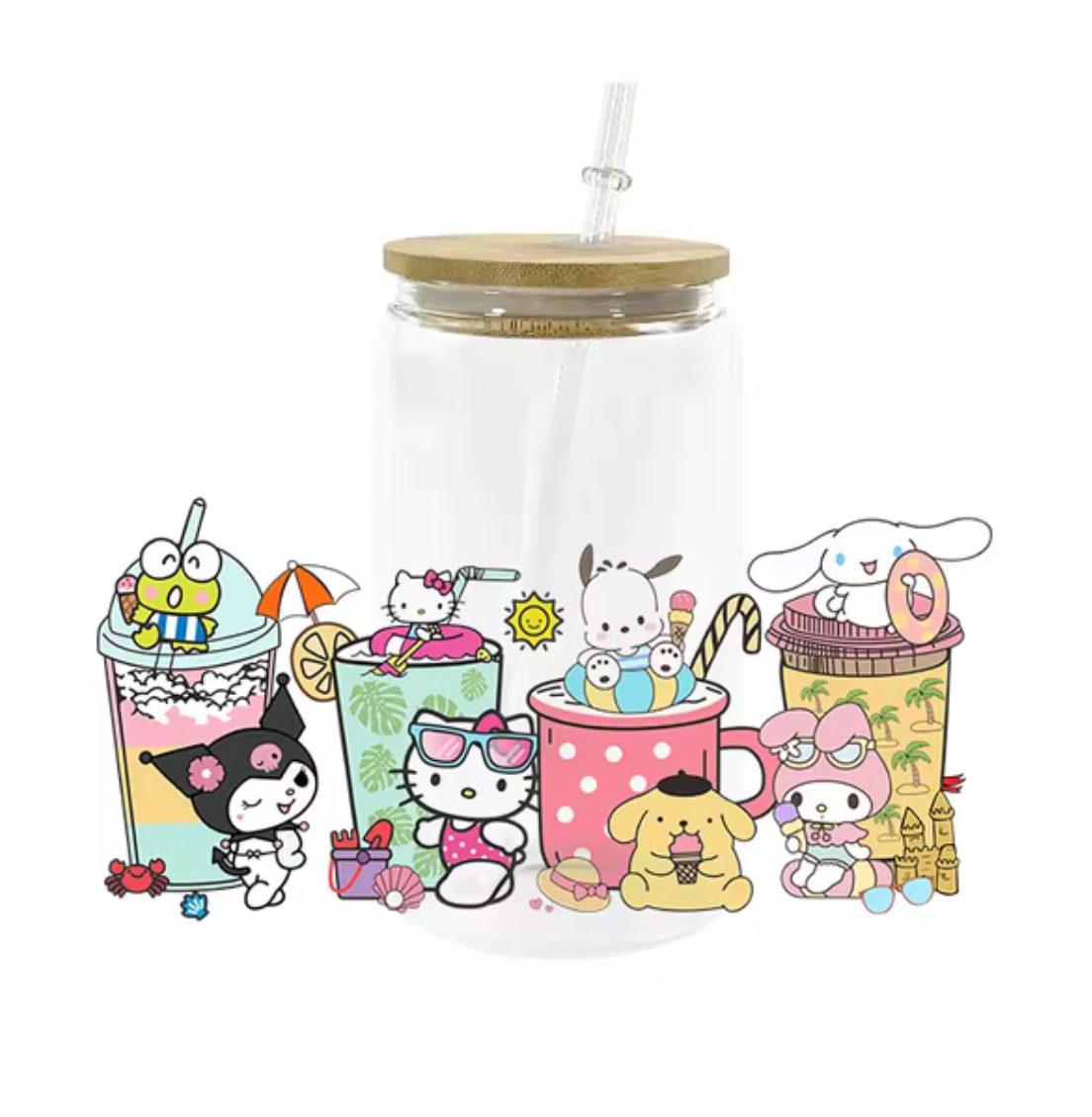 HELLO KITTY AND FRIENDS GLASS JAR TUMBLER CUP WITH LID, STRAW AND BRUSH