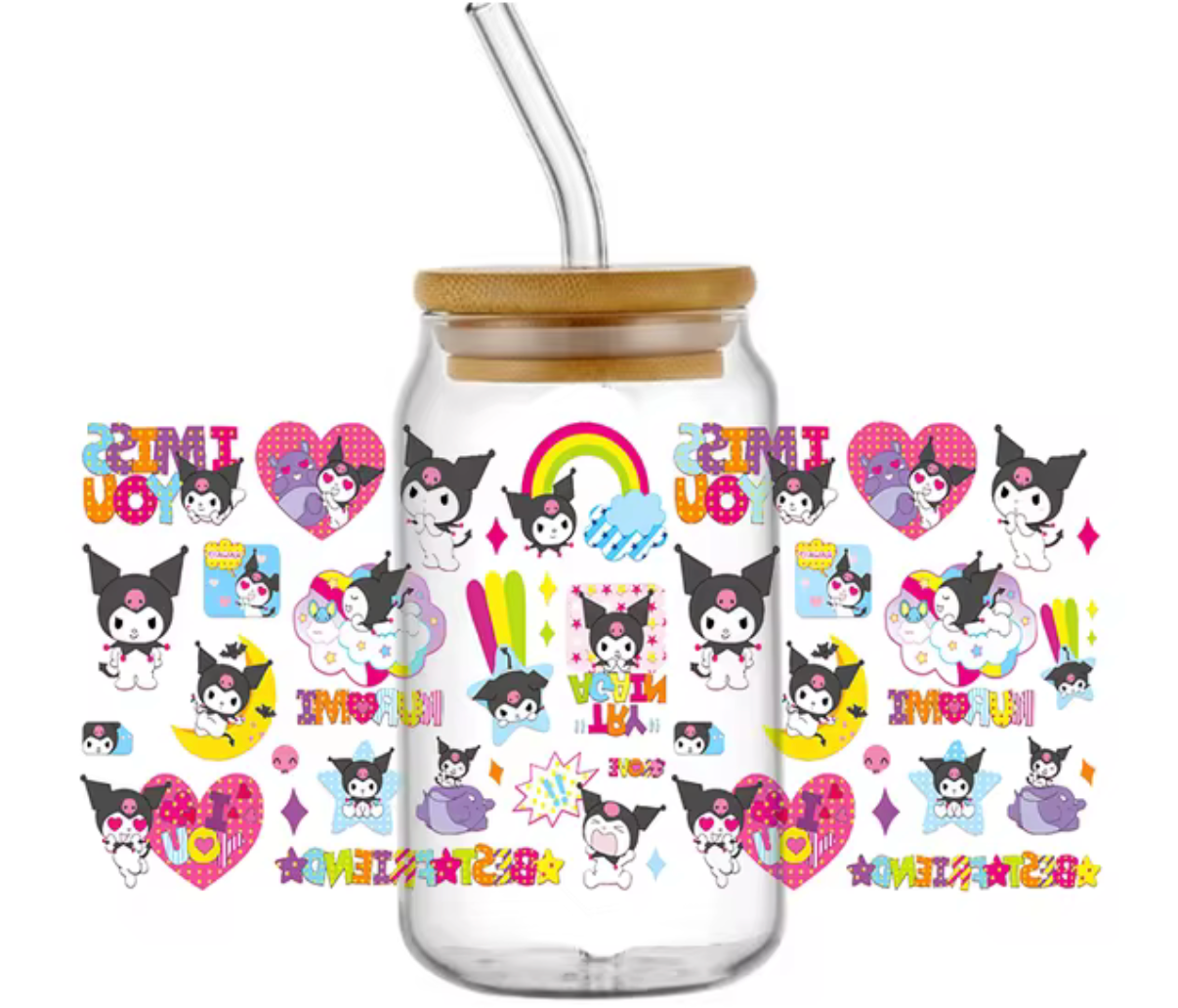 KUROMI BAKU BEST FRIENDS GLASS JAR TUMBLER CUP WITH LID, STRAW AND BRUSH