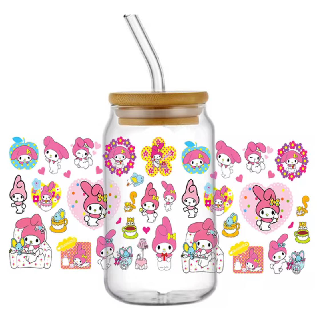 MY MELODY GLASS JAR TUMBLER CUP WITH LID, STRAW AND BRUSH