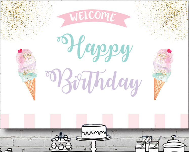 ICE CREAM GIRL PINK GOLD PERSONALISED BIRTHDAY PARTY BANNER BACKDROP DECORATION