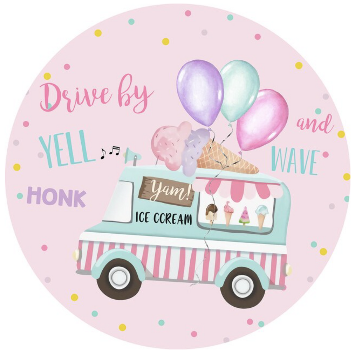 ICE CREAM TRUCK BALLOONS CONFETTI PARTY ROUND BIRTHDAY BANNER BACKDROP
