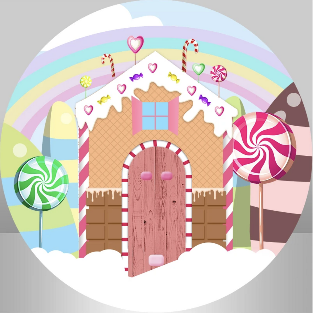 ICECREAM GINGERBREAD HOUSE SWEETS LOLLYPOP PARTY ROUND BIRTHDAY BANNER BACKDROP