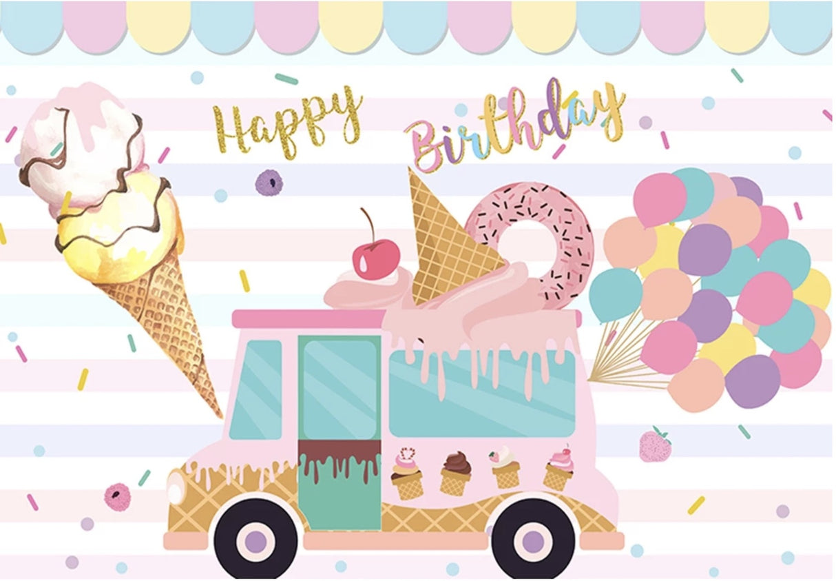 ICE CREAM BALLOONS PERSONALISED BIRTHDAY PARTY BANNER BACKDROP DECORATION