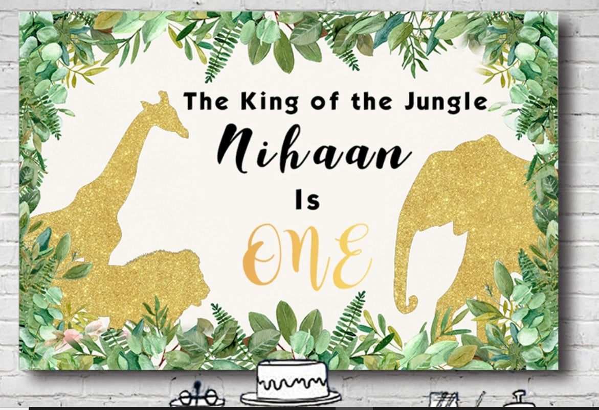 JUNGLE SAFARI ANIMAL KING ONE PERSONALISED BIRTHDAY PARTY BANNER BACKDROP
