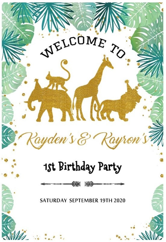 JUNGLE SAFARI WILD GOLD ANIMAL PERSONALISED BIRTHDAY PARTY BANNER BACKDROP