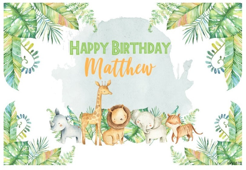 JUNGLE SAFARI LION GIRAFFE ELEPHANT PERSONALISED BIRTHDAY PARTY BANNER BACKDROP