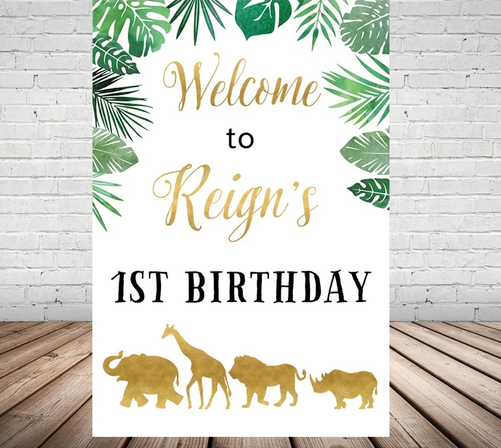 JUNGLE SAFARI ANIMAL GOLD LION PERSONALISED BIRTHDAY PARTY BANNER BACKDROP