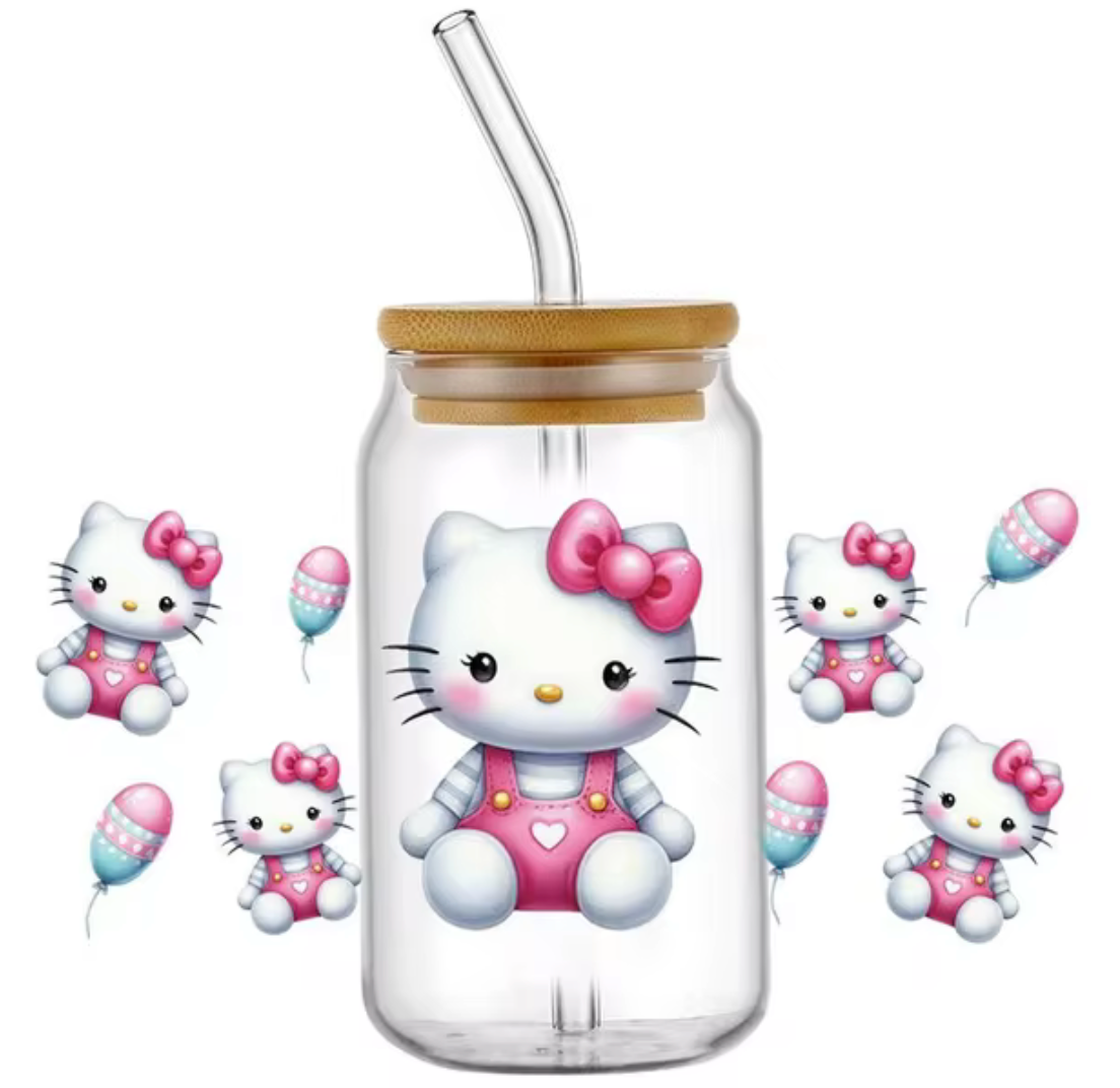 HELLO KITTY PINK 3D BLUSH GLASS JAR TUMBLER CUP WITH LID, STRAW AND BRUSH