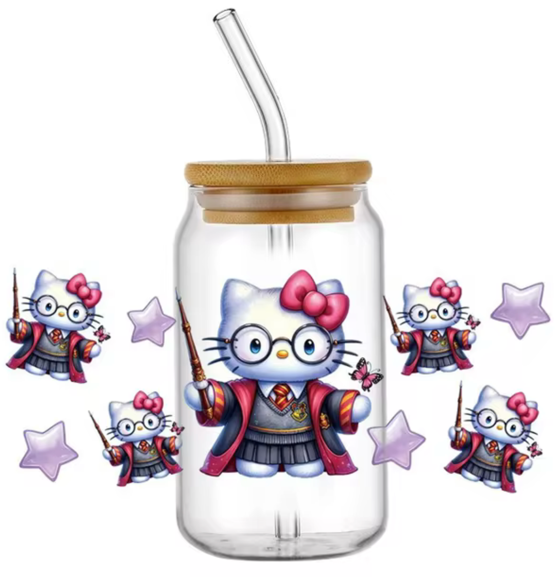 HELLO KITTY WIZARD GLASS JAR TUMBLER CUP WITH LID, STRAW AND BRUSH