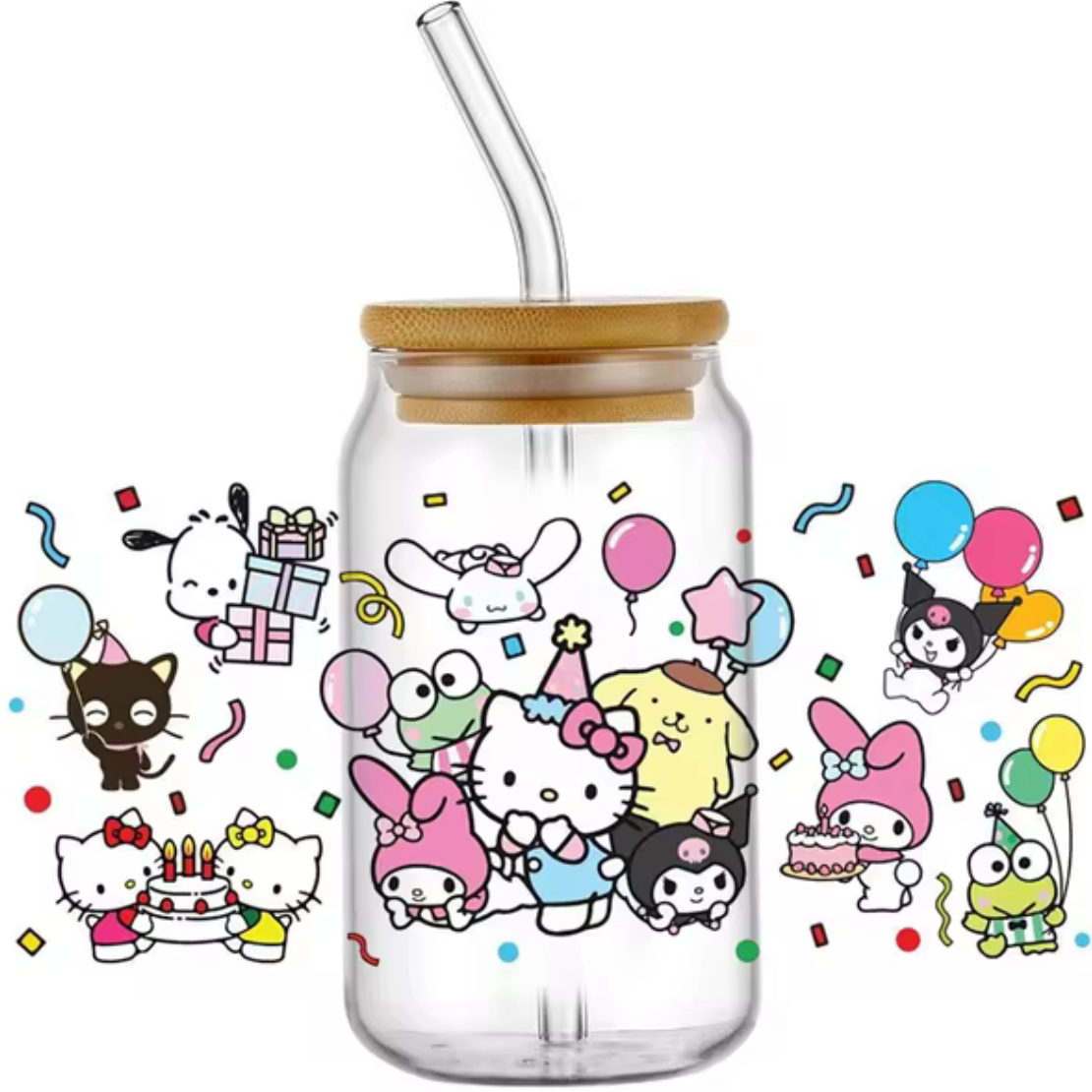 HELLO KITTY AND FRIENDS PARTY GLASS JAR TUMBLER CUP WITH LID, STRAW AND BRUSH