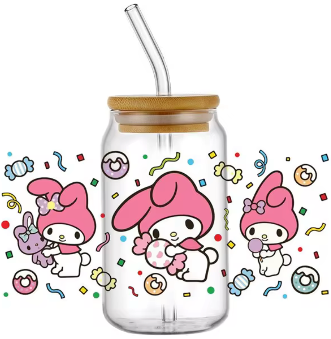 MY MELODY DONUT CANDY GLASS JAR TUMBLER CUP WITH LID, STRAW AND BRUSH
