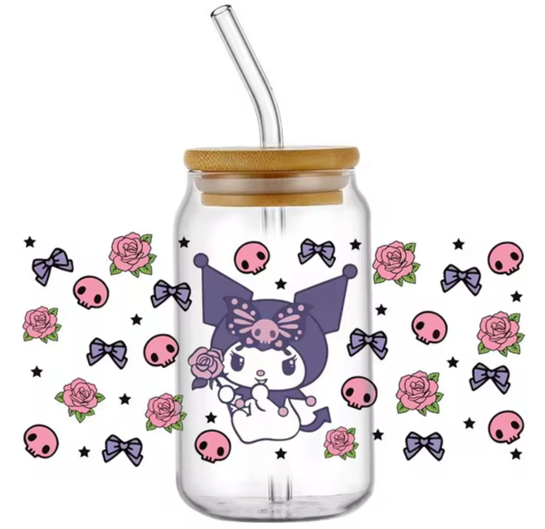 KUROMI BOWS GLASS JAR TUMBLER CUP WITH LID, STRAW AND BRUSH