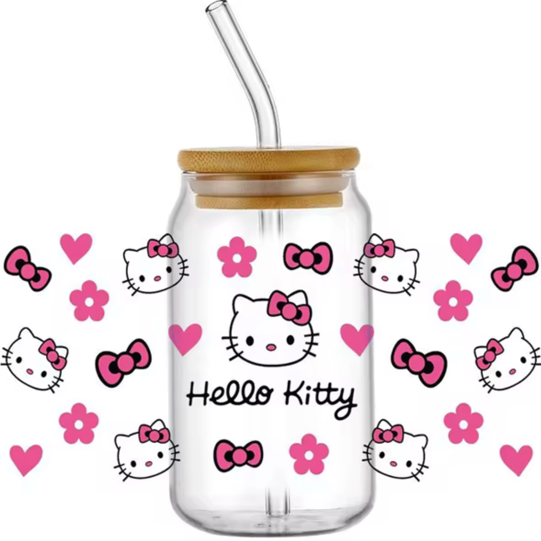 HELLO KITTY GLASS JAR TUMBLER CUP WITH LID, STRAW AND BRUSH