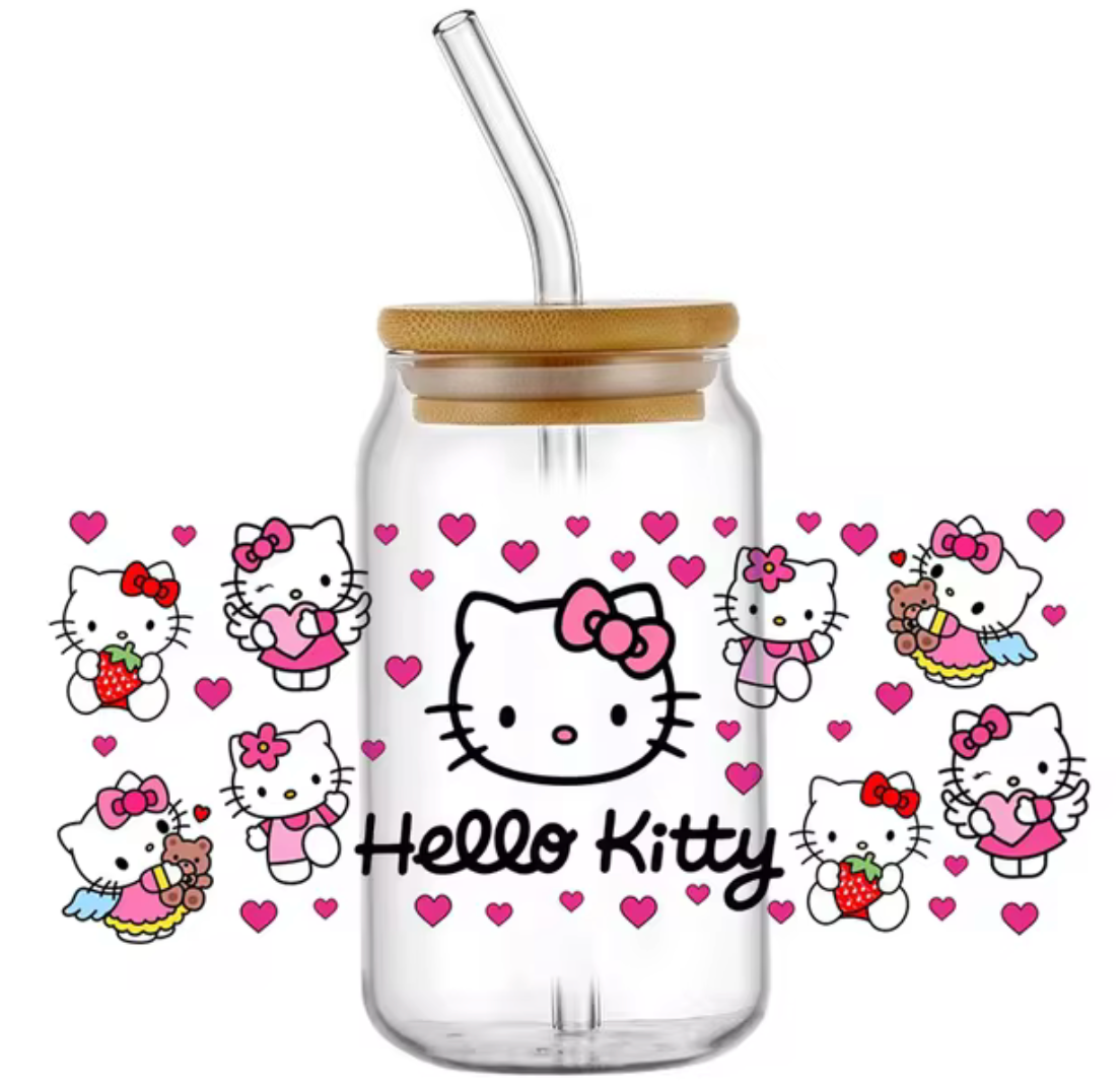 HELLO KITTY HEARTS GLASS JAR TUMBLER CUP WITH LID, STRAW AND BRUSH