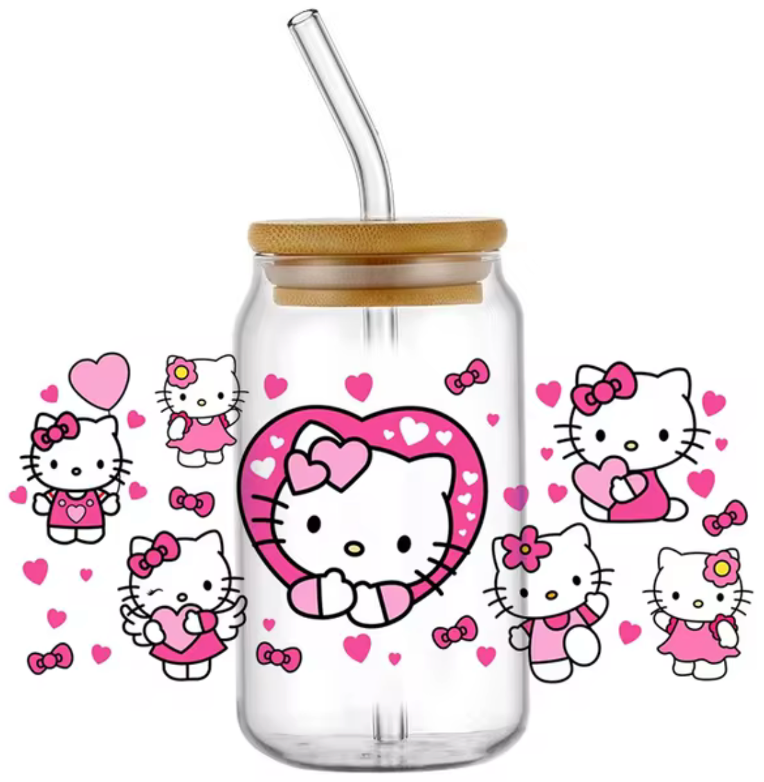 HELLO KITTY PINK GLASS JAR TUMBLER CUP WITH LID, STRAW AND BRUSH