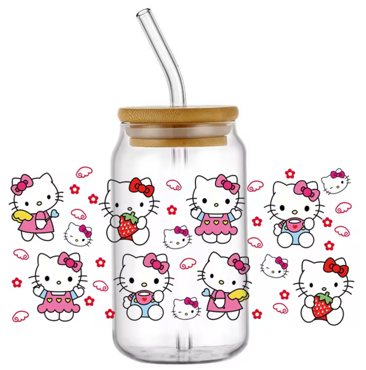 HELLO KITTY STRAWBERRY PINK GLASS JAR TUMBLER CUP WITH LID, STRAW AND BRUSH