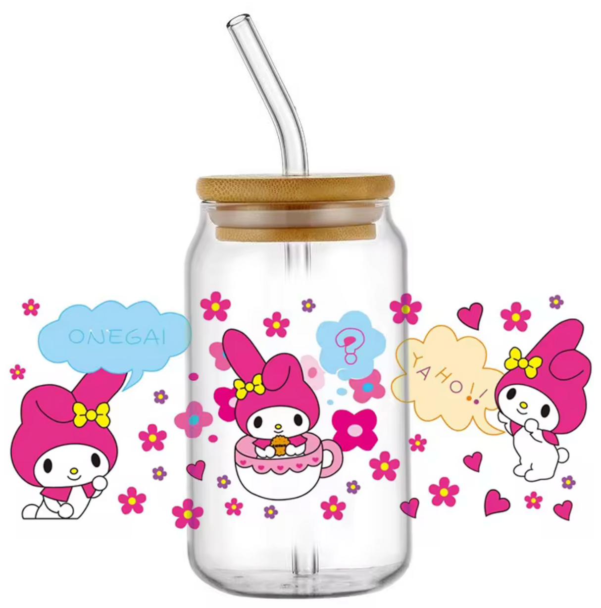 MY MELODY PINK FLOWERS GLASS JAR TUMBLER CUP WITH LID, STRAW AND BRUSH