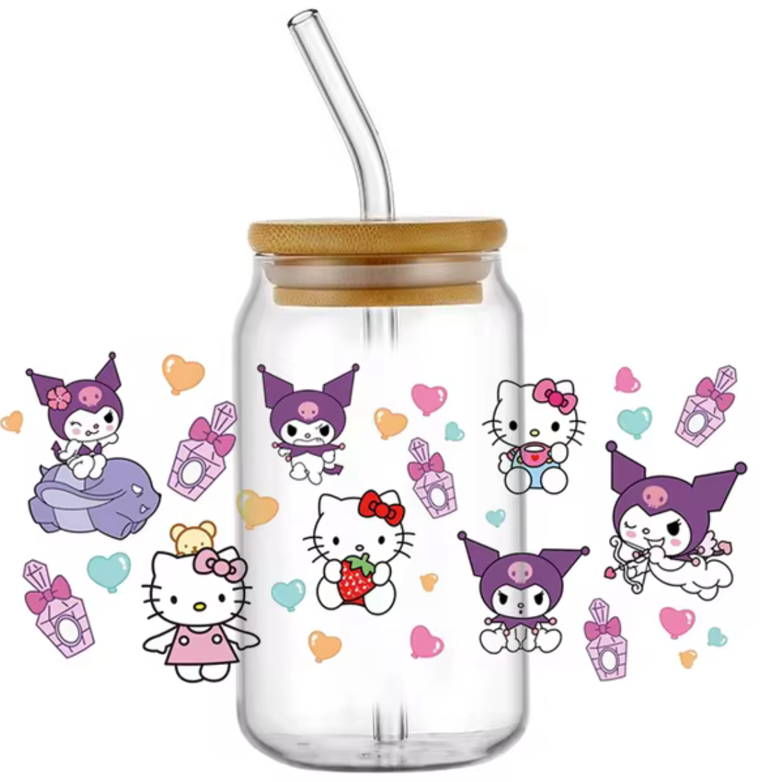 KUROMI HELLO KITTY GLASS JAR TUMBLER CUP WITH LID, STRAW AND BRUSH