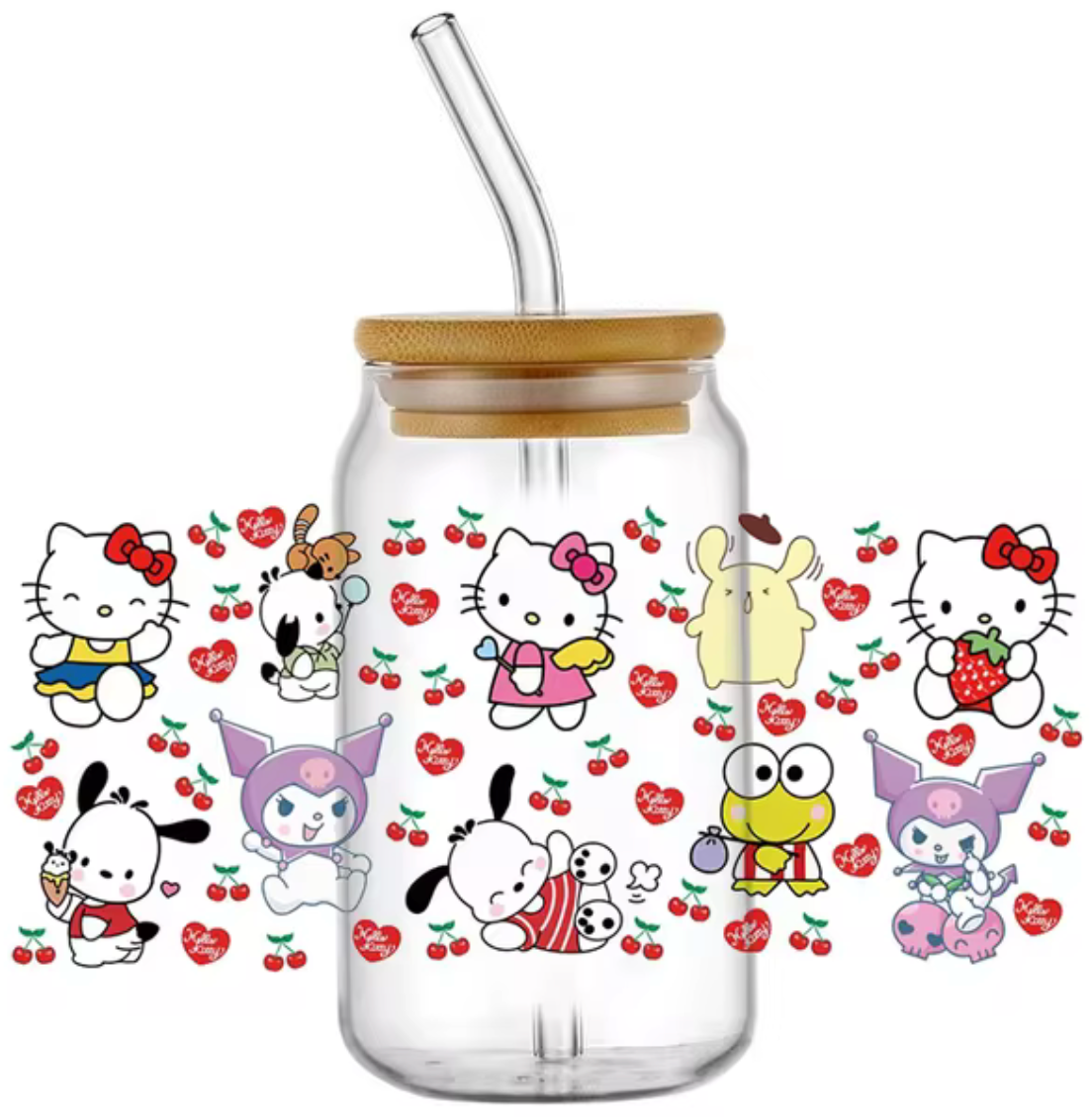 HELLO KITTY KEROPPI POCHACCO POMPOMPURIN KUROMI GLASS JAR TUMBLER CUP WITH LID, STRAW AND BRUSH